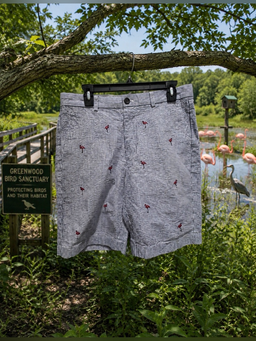Brooks Brothers Seersucker Shorts with pink Flamingo Embroidery waist 33
